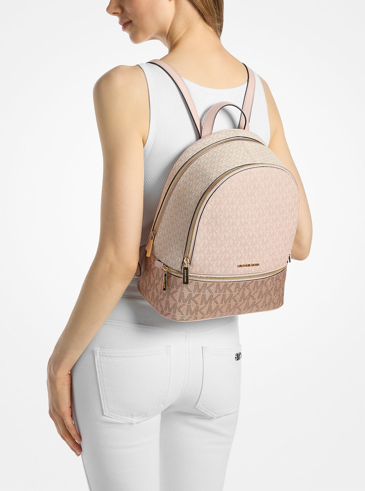 Rhea Medium Metallic Signature Logo Backpack